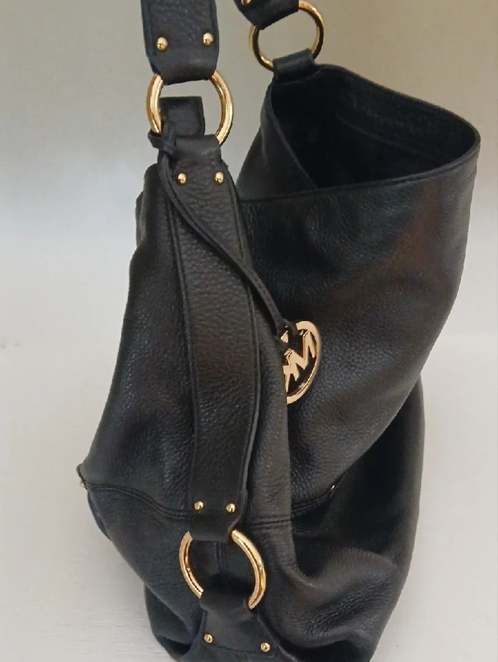 Michael Kors Black Leather Hobo Shoulder Bag with Gold Hardware